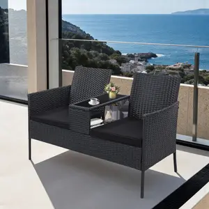 Outdoor Patio Loveseat with Storage Table, Handwoven Rattan with Washable Covers, for Porch, Balcony, Backyard, Conversation Furniture