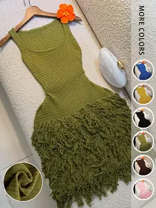 Elegant Knitted Bodycon Dress, Summer Vacation Fringe Skirt, Slim Fit Sleeveless Knit Vest Dress, Solid Round Neck Sweater Dress, Spring & Summer Women's Clothing, Chic