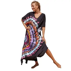 Women's Plus Size Viscose Boho Style Mumu Beachwear Dress - Batwing Sleeve Casual Caftan with Side Slits, Semicircle Design, Boho Style Womenswear
