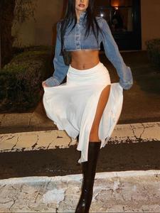 women's denim-effect print long skirt, fashion casual slim-fitting bodycon skirt for daily outdoor wear, women bottoms for summer