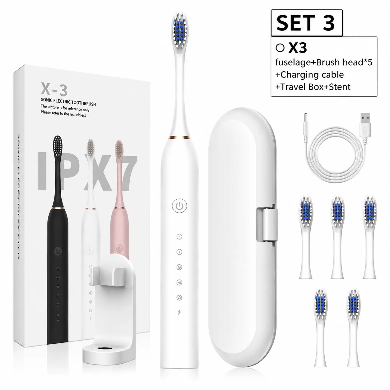 Adult Sonic Electric Toothbrush, Rechargeable Set with 5 Replacement Heads, Travel Case, Holder, USB Charging Cable, 6 Cleaning Modes, IPX7 Waterproof