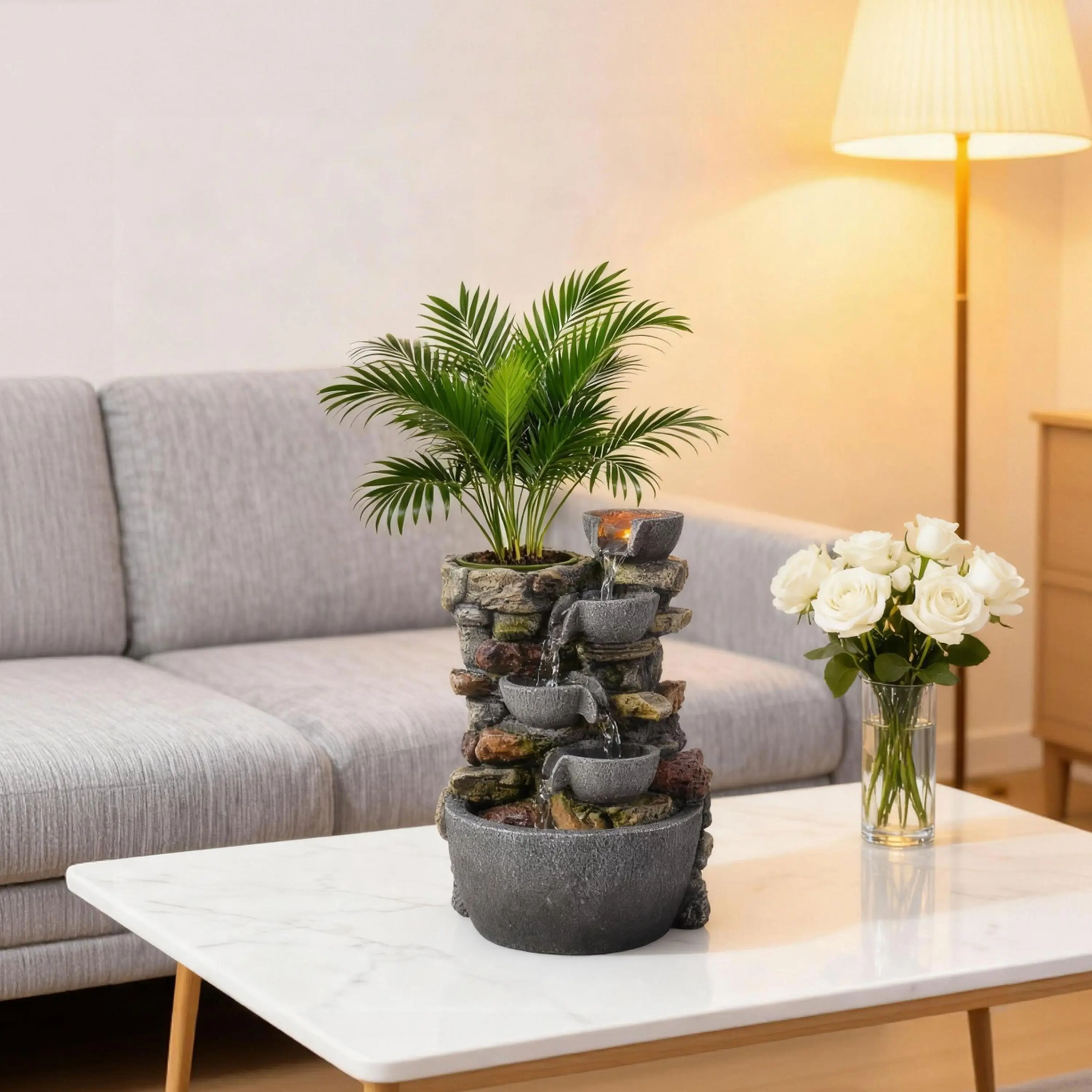 Polyresin Desktop Fountain - 4-Basin Artificial Hill Bowl, Lightweight DIY Plantable Desktop Statue, LED Light Home Decor Ornaments, Decorative Sculptures for Meditation, Mother's Day Gift