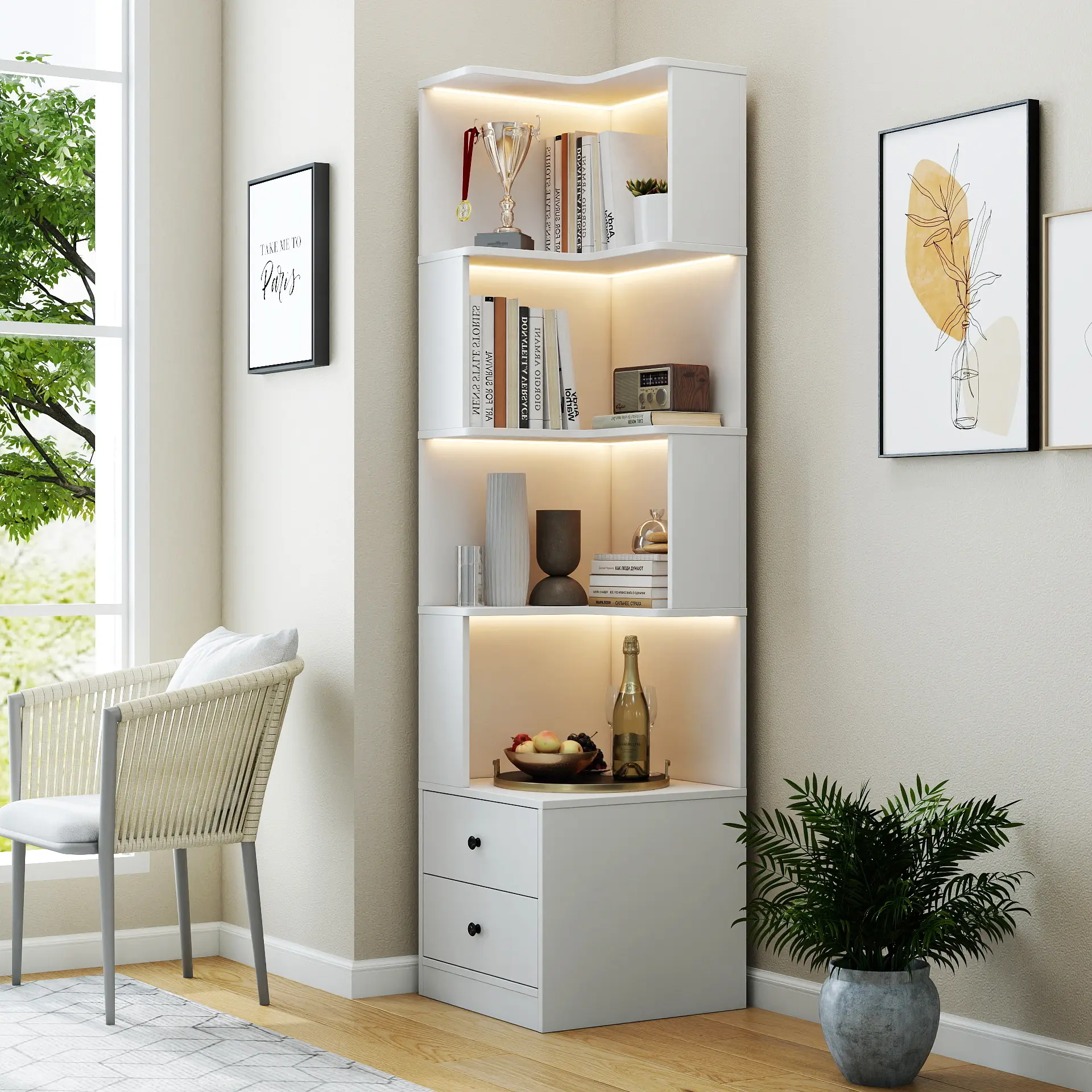 Corner BookShelf with drawers,4-Tier Corner Open Bookshelf Bookcase with Baffle, Freestanding L Shaped Display Shelf Stand with led lights for Home Office, Living Room, Bedroom, Kitchen ,book rack