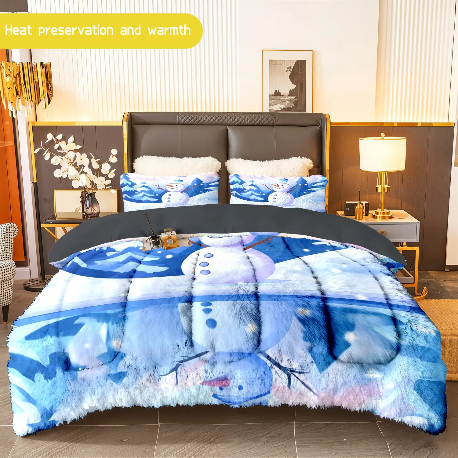 3pcs (1 comforter + 2 pillowcases) Snowman - themed Flannel & Milk Velvet Comforter Set, Soft Warm Cozy Bedding Set for Adults, Trendy Winter Bedding Essentials