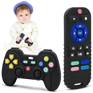 Silicone Baby Teething Toys Remote-Shape & Game Controller Teether with Pacifier Clip BPA-Free for Babies 3+ Months Frozen Black & Beige - Pacifierclip