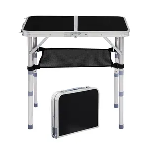 【Father's Day Gift】  Karlhome Outdoor Folding Camping Table, 2ft Portable Pinic Table with 3 Adjustable Height, Small Aluminum Foldable Lightweight Patio Side Table with Carry Handle for Outdoor Indoor Hiking Camp BBQ Beach, Black