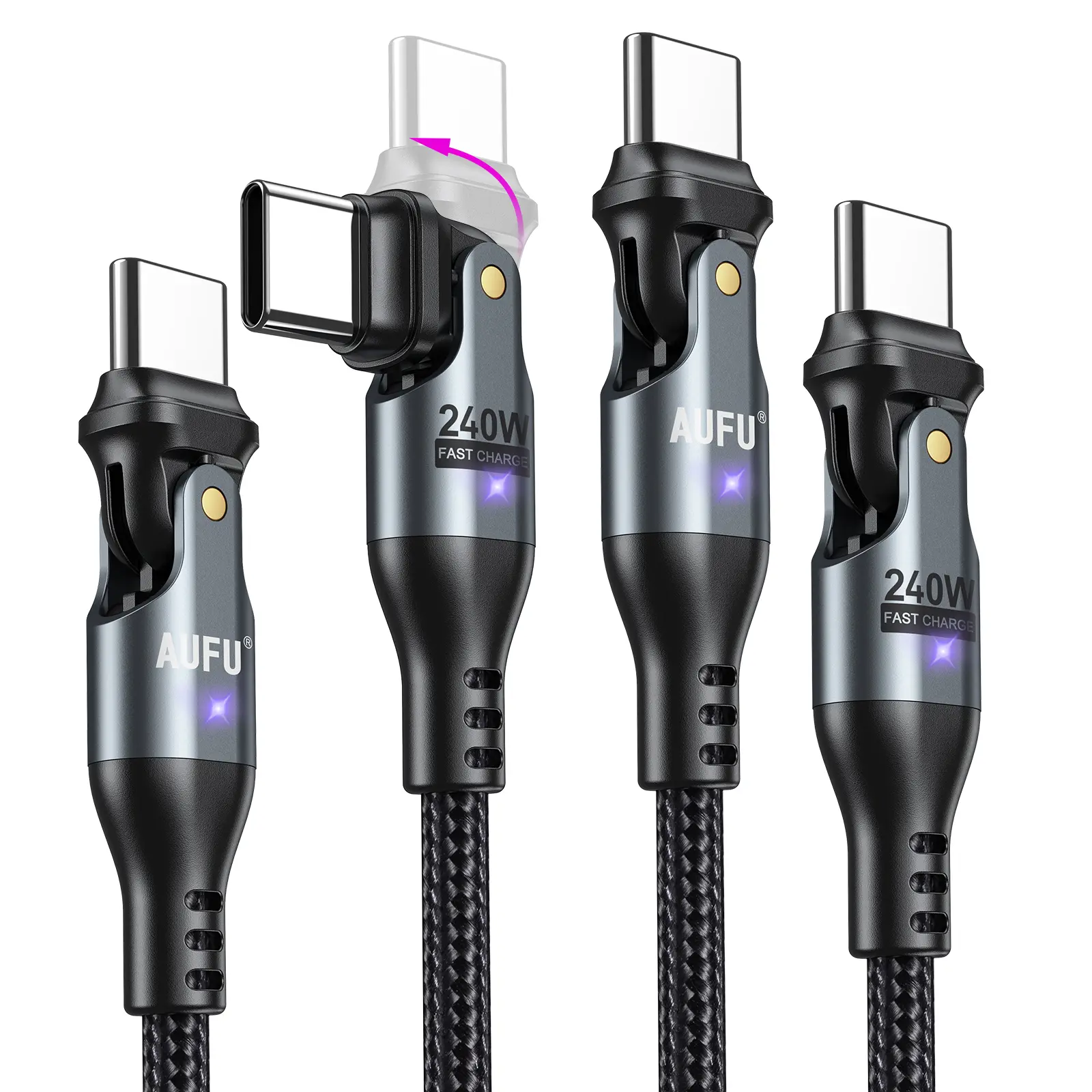 AUFU 240W USB-C to USB-C Cable 2-Pack 10ft 6ft 3.3ft Options PD 3.1 Fast Charging 180° Rotating Dual Head Aluminum Alloy Durable Cord High-Speed Data Sync Universal Type-C Charger Cord for Cellphone Smartphone Electronic