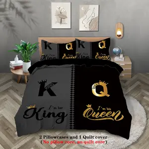 3Pcs King & Queen Crown Couple Bedding Set (1 Duvet Cover + 2 Pillowcases), Black & Grey Luxury Duvet Cover Set, Soft Breathable Polyester Bedding, Modern Bedding Set