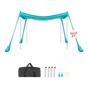 VEVOR Beach Tent Sun Shelter, UPF50+ Sun Protection, 6.6 ft Tall, 10 x 10 ft, Easy Pop Up Beach Canopy with Sandbags, Stability Poles, Sand Shovels, Portable Shade for Family Outings, Camping, Fishing