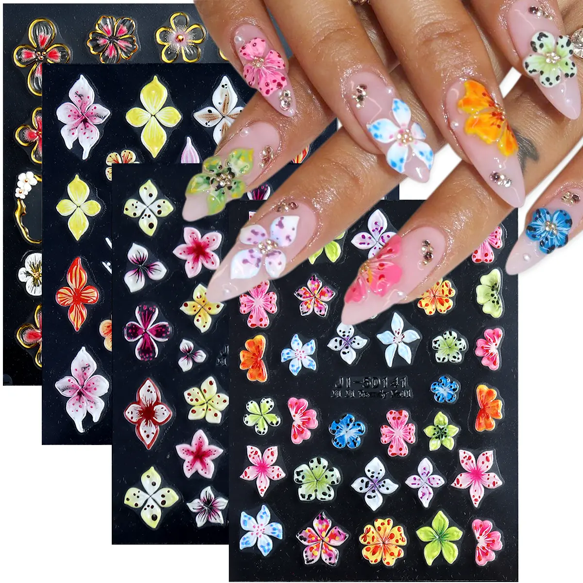 Fcozpjk Flower Nail Stickers 5D Embossed Lily Flower Stickers for Nails Hibiscus Self Adhesive Floral Nail Decals Gold Flower Nail Charms Vacation Nail Design Pegatinas Para Uñas 4 Sheet
