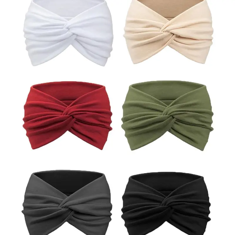 6-Piece Boho Women's Wide Yoga Elastic Headbands, Non-Slip Sport Hair Accessories, All-Season Knit Design, Plain Pattern, Hair Accessory Headband