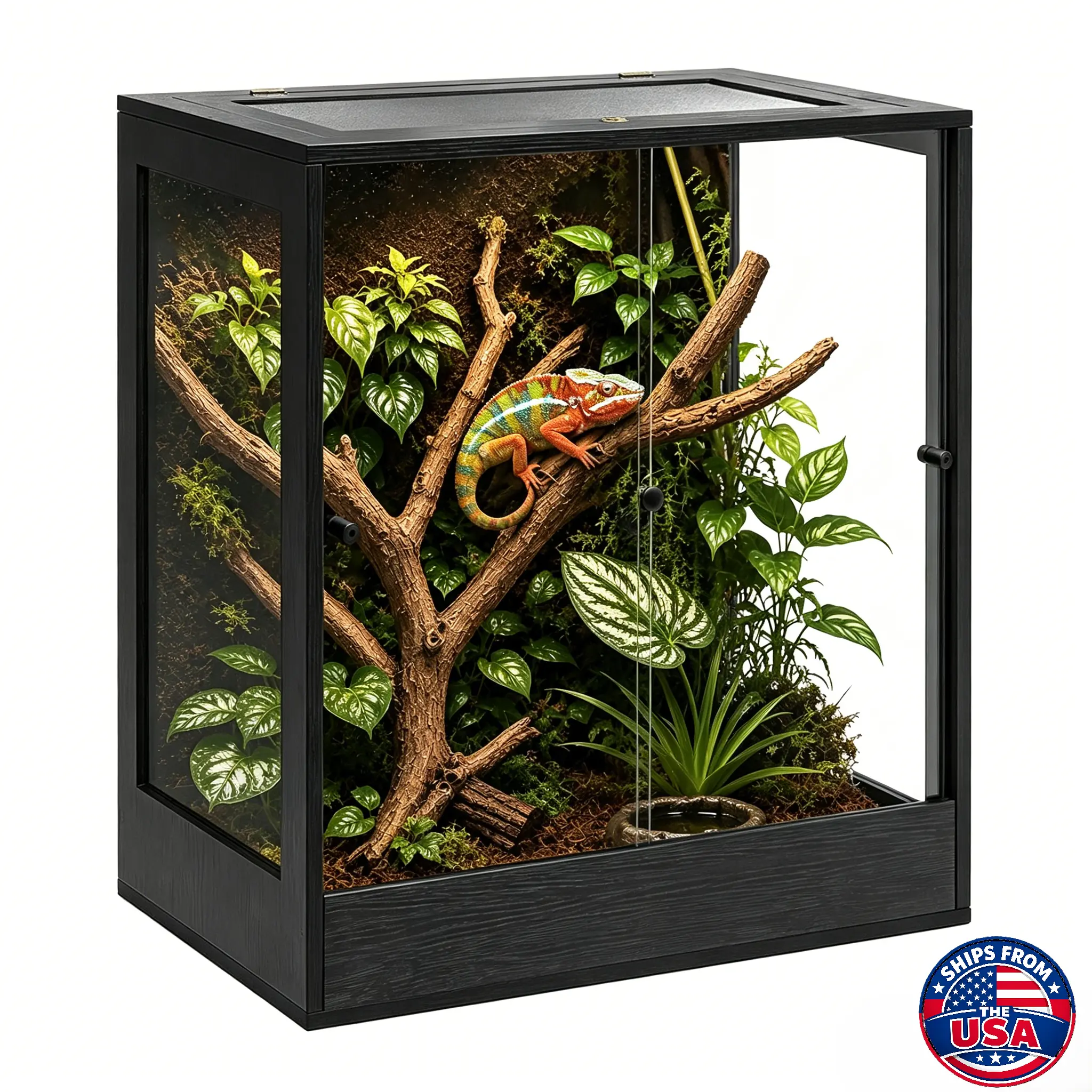 PROLEE 90 Gal Tempered Glass Reptile Terrarium Enclosure, 32"x18"x36" Vertical Wood Tank with Front Sliding Doors, Airflow Mesh Top, Hinged Top Access, Crystal-Clear Visibility Rainforest Habitat for Chameleons, Ideal for Bedrooms, Geckos/Lizards, Front A