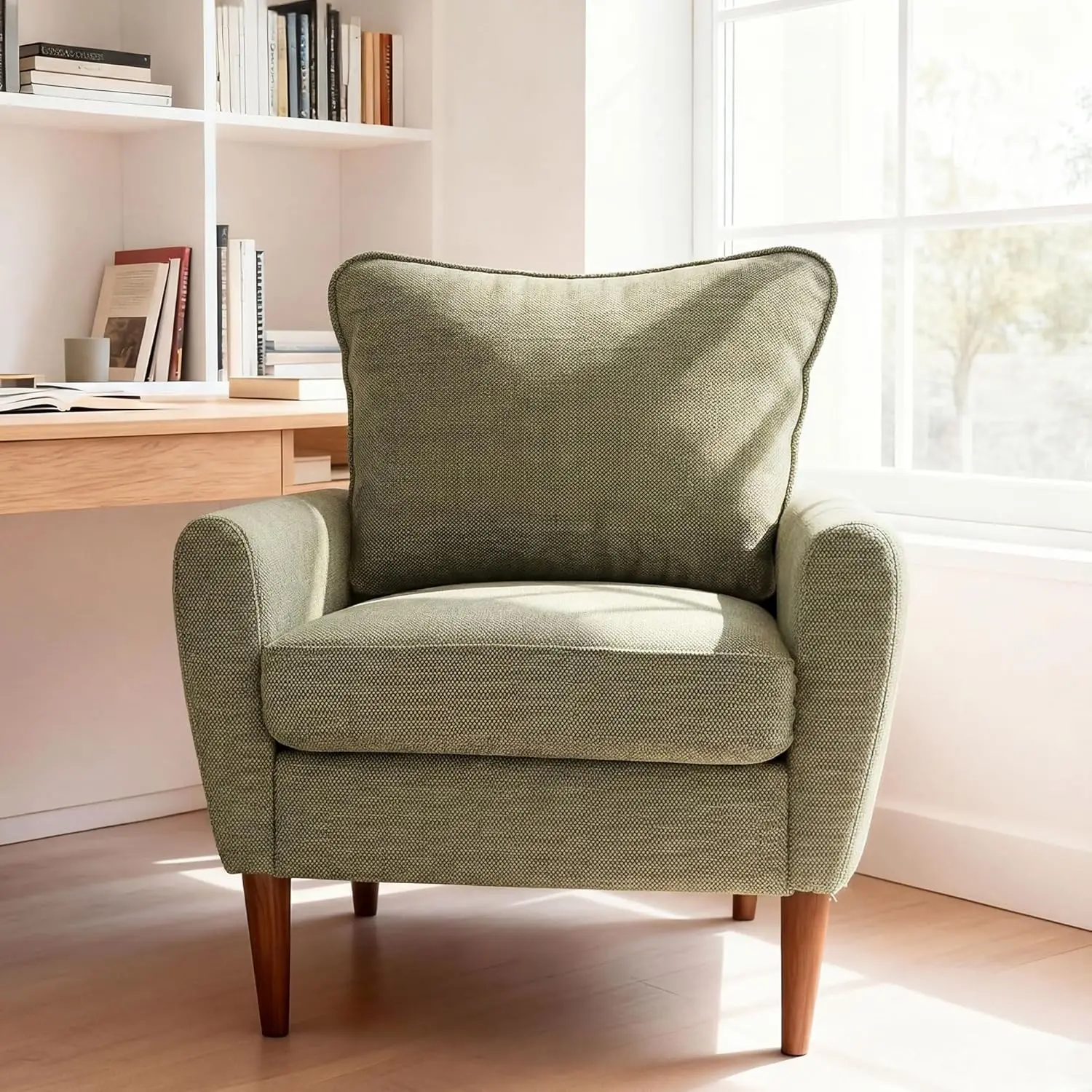 Comfy Accent Chair for Living Room, Bedroom & Waiting Room, Mid-Century Upholstered Reading Chair with Pillow and Solid Wood Legs, Wide Modern Single Lounge Sofa