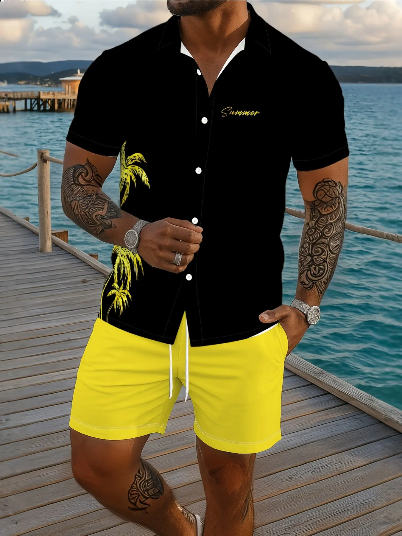 Men's Short Sleeve Shirt with Beach Shorts Set, Summer Tropical Beach Casual Fashion, All Seasons Contemporary Style, Outfit, Print