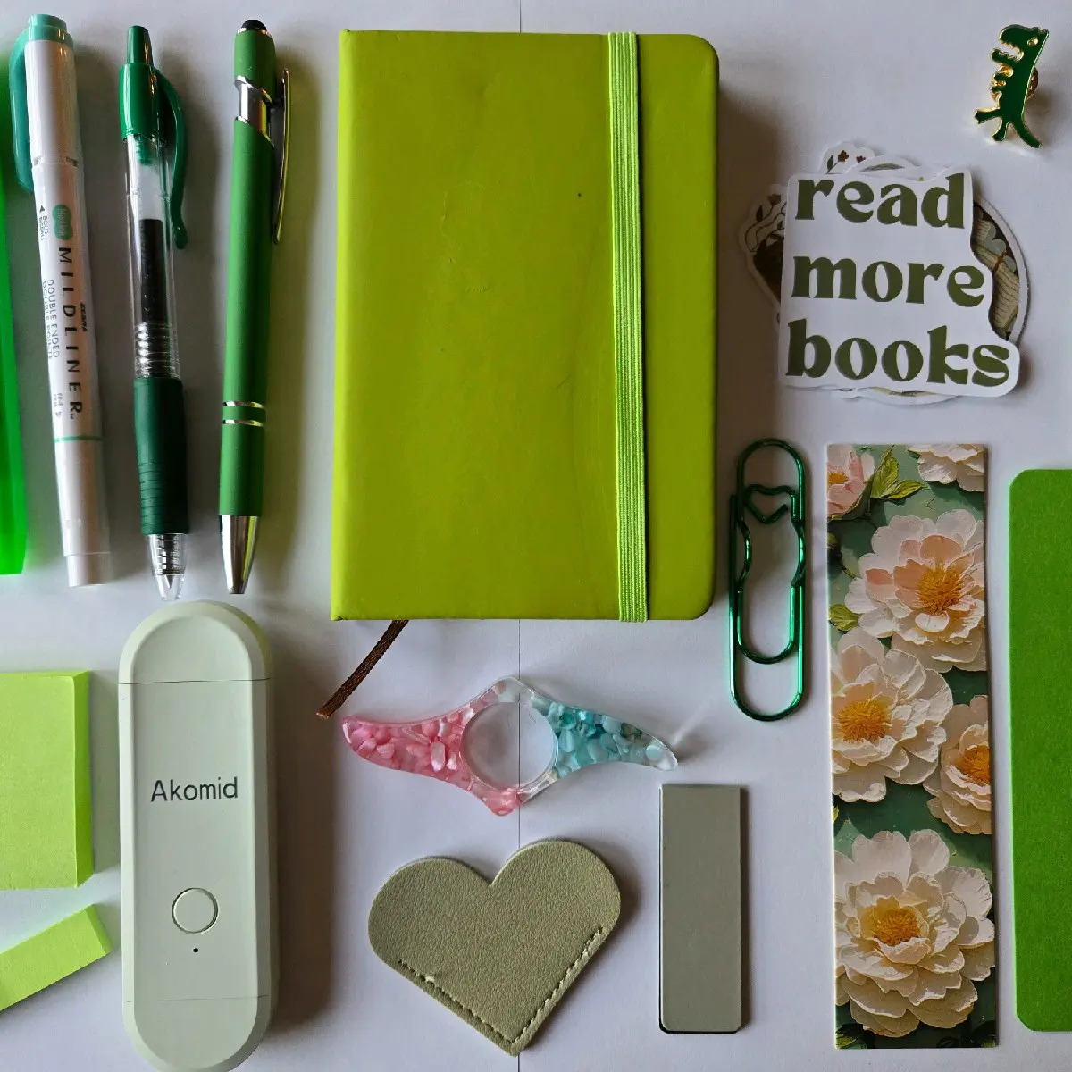 Bookish Bundles Large Set Includes Journal, USB Light, Stamp, Ink Pad, Heart Bookmark, Assorted Sticky Notes, 5 bookish stickers, stylus pen, markers and highlighters, bookish enamel pin and pompom keychain- Colors and journals  may vary