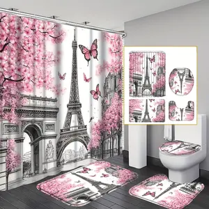 4pcs Fashion Paris Tower & Cherry Blossom Shower Curtain Set, Durable Bathroom Curtain Set with 12 Hooks Included, Matching Anti Slip Mats & Toilet Covers, Modern Bathroom Accessories Ideal for Home Decor & Housewarming Gift Multicolor