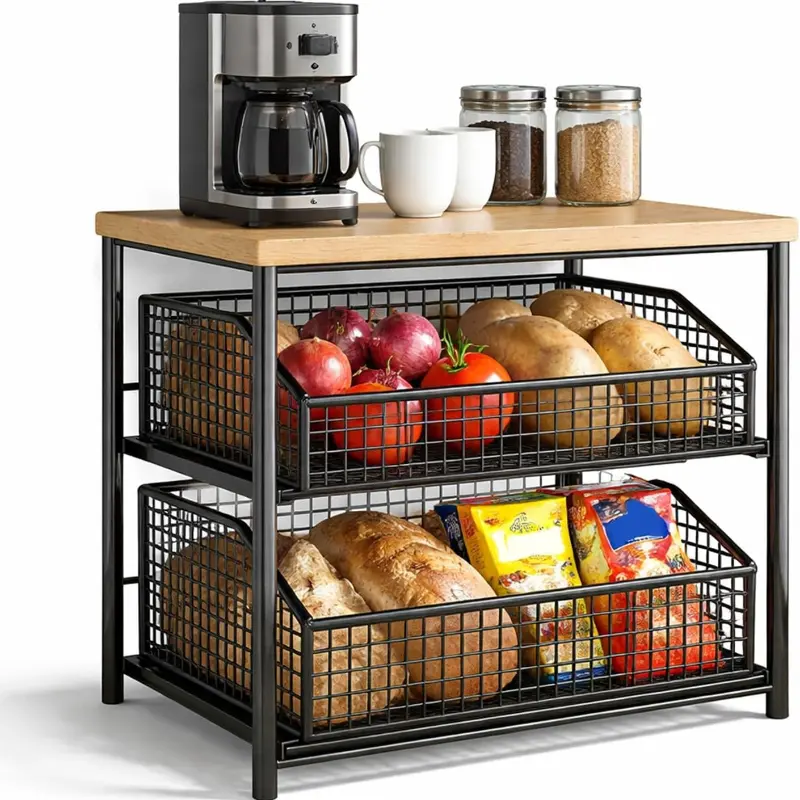 3-Layer Metal & Wood Kitchen Countertop Organizer with Pull-Out Drawer, Wire Basket, Fruit/Snack Storage Rack, Hardwood Shelving for Coffee Maker, Microwave, Spices (Black), 3 Layers