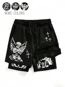Y2K Gothic Angel Cross Print Layered Shorts, Breathable Lightweight Quick-Dry Sports Pants, Street Style for Skateboarding Gym Daily Wear, Active Wear Shorts