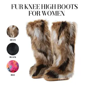 Knee High Fur Boots for Women Faux Fur Round Toe Flat Heel Furry Fluffy Pull On Comfortable Cozy Outdoor Comfy Plush Warm Indoor Boots
