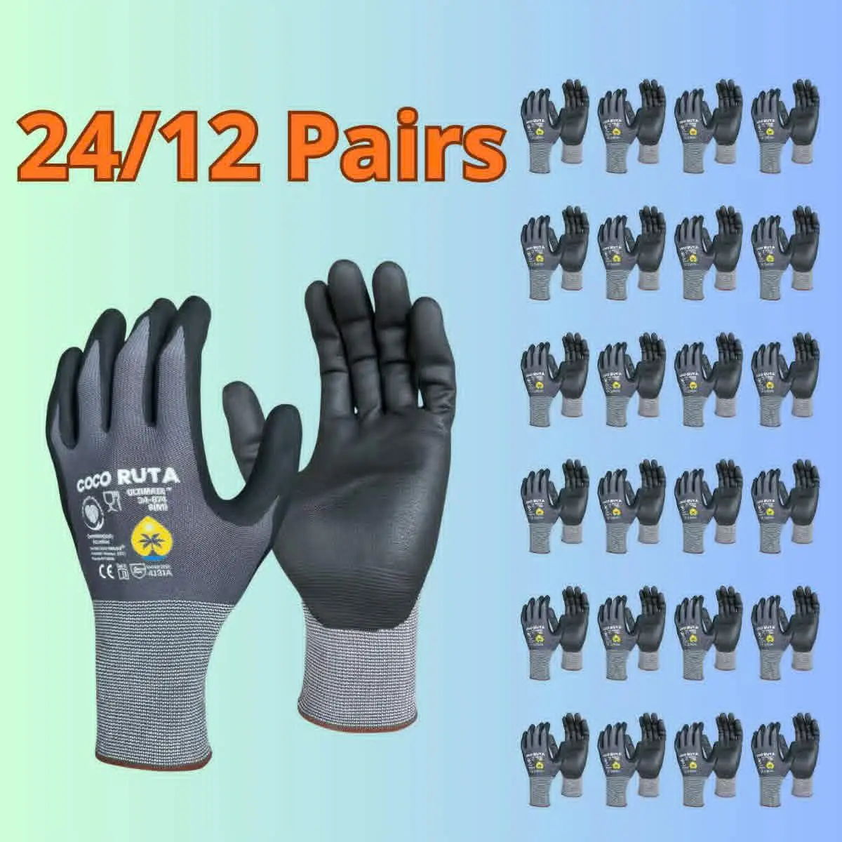 24 Pairs COCO RUTA Gloves 34-874 Safety Gloves | Guantes Para Trabajo - COCO RUTA Gloves For Men Nitrile Micro Foam Grip Palm Comfortable Fit Construction Gear