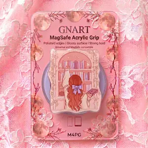 Aesthetic Pink Book Lover Magnetic Phone Grip, Acrylic MagSafe Compatible Phone Stand, Cottagecore Girl Reading Bookcase Phone Ring Holder Target