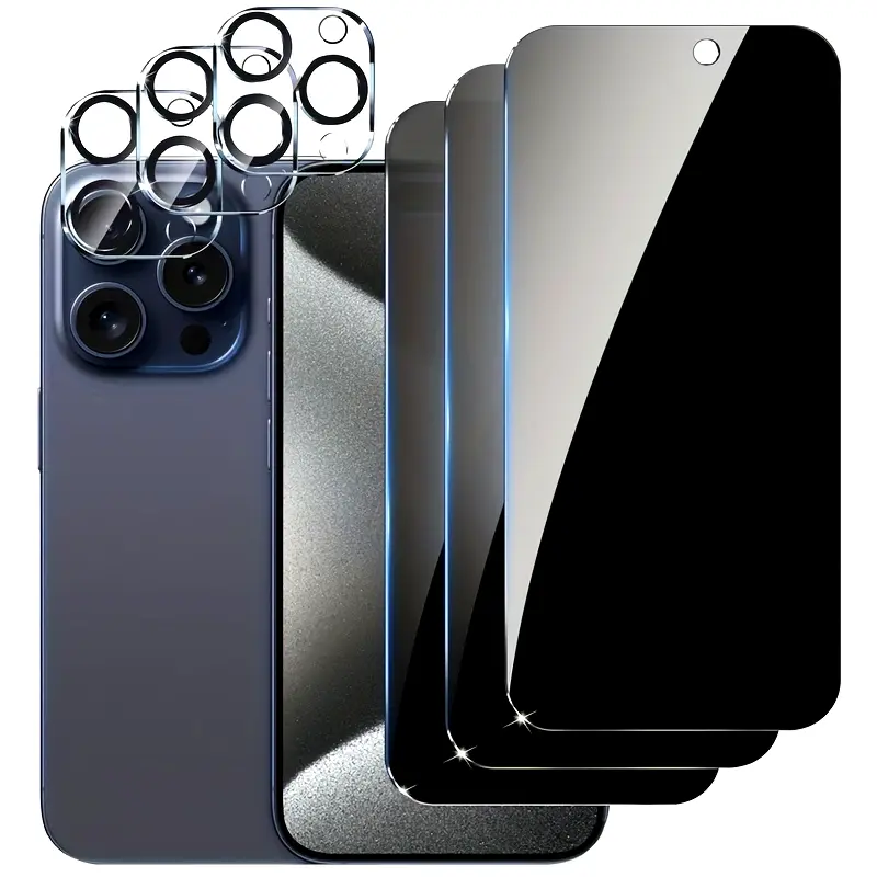 6-in-1 Privacy screen protector for is suitable for iPhone 13 14 15 16 Plus Pro Max 3-piece privacy screen, spy-proof, full-coverage screen, toughened glass protective film and 3-piece camera case.