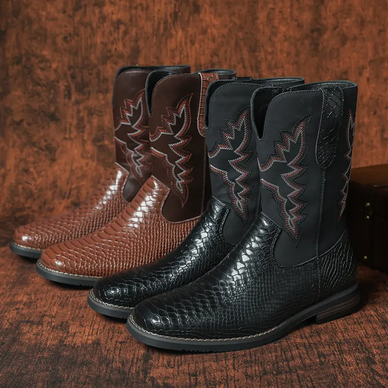 CYUW Classic Embroidered Square-Toe Cowboy Boots, Ultra-Soft Comfortable PU Leather Upper, Wear-Resistant Shock-Absorbing Rubber Outsole, Stylish Western Boots for Men’s Everyday Wear