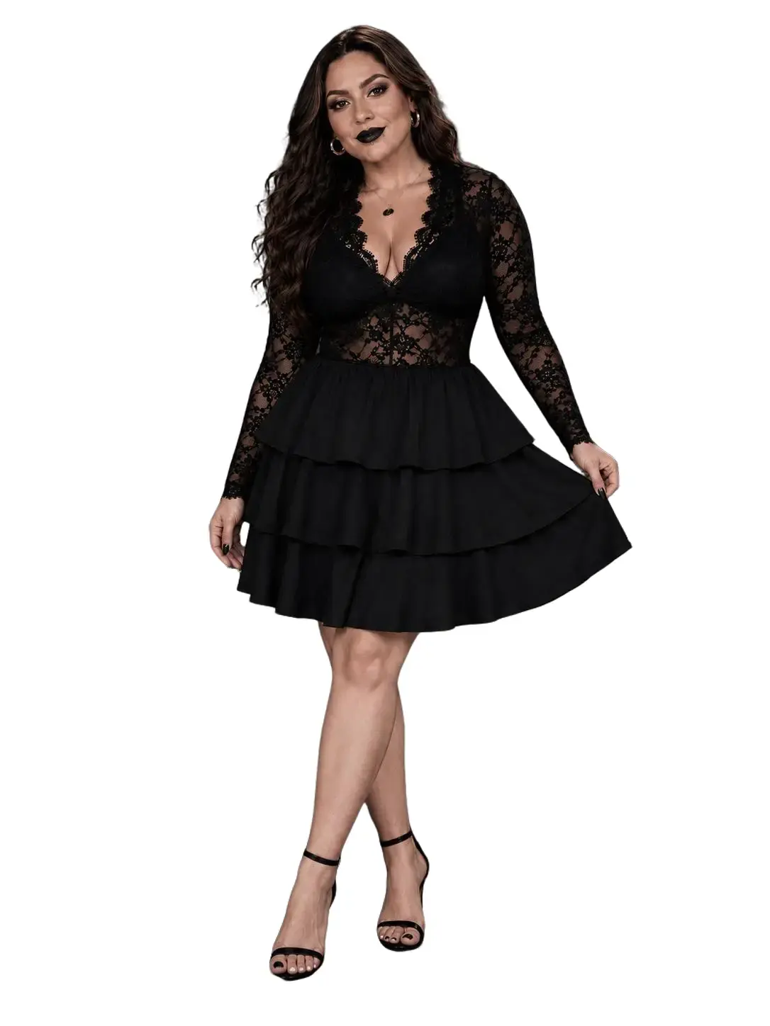 Women’s Plus Size Gothic Romantic Black Lace Long Sleeve Dress for Date Nights & Parties Casual Womenswear Casual Vneck