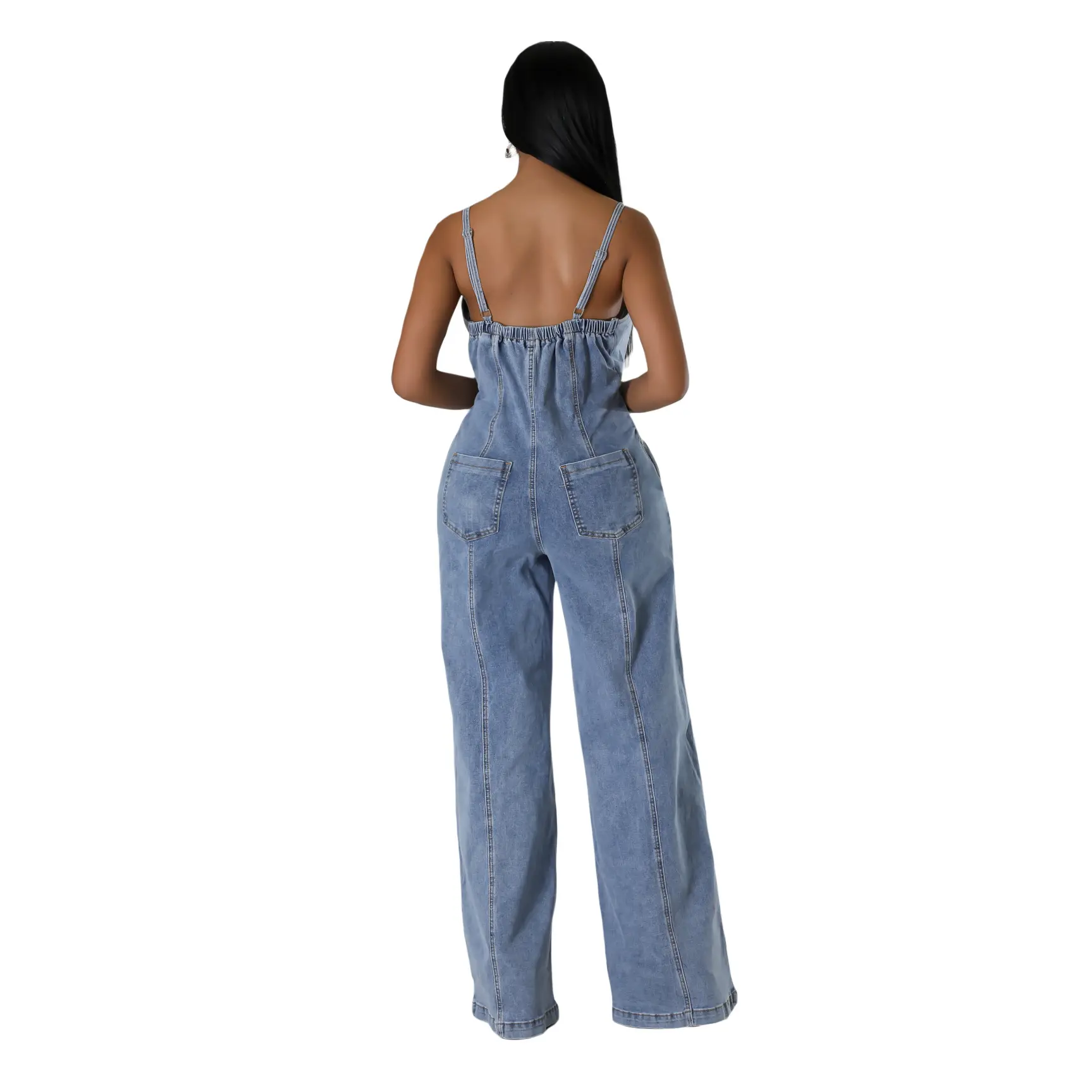 Womens 2025 Sexy Slim Fit High Waist Denim Jumpsuit Sleeveless Zipper Backless Wide Leg Rompers