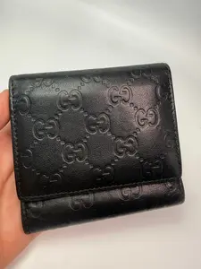 Pre-owned GUCCI Leather Trifold Wallet Guccissima Black Unisex Trifold Wallet