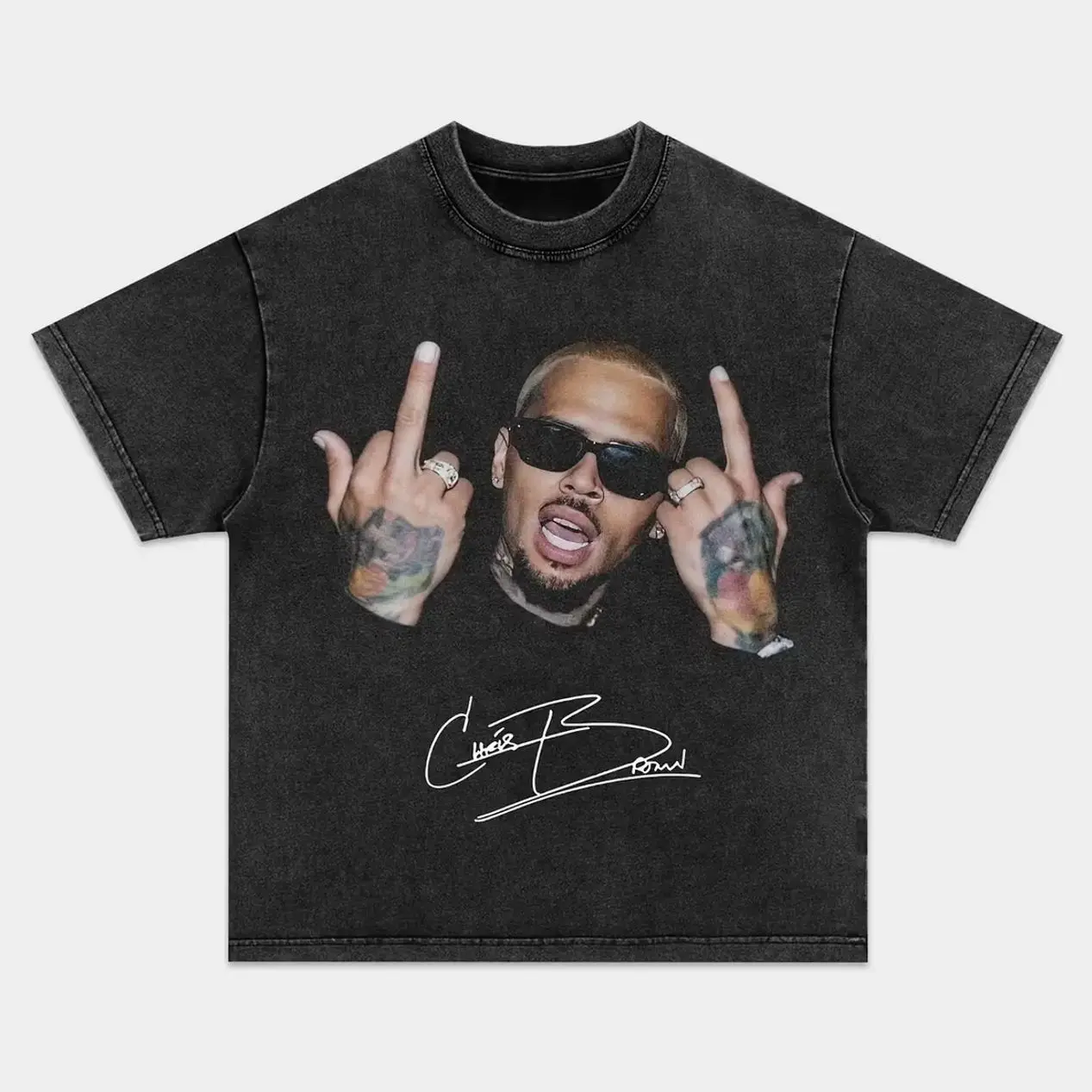 Retro CB Chris B Double Middle Finger Hand Tattoo Portrait With Handwritten Cursive Signature Full Front Graphic Vintage Black Oversized Heavyweight Cotton Streetwear T-Shirt, Unisex R&B Hip Hop Rap Fan Apparel HGZ