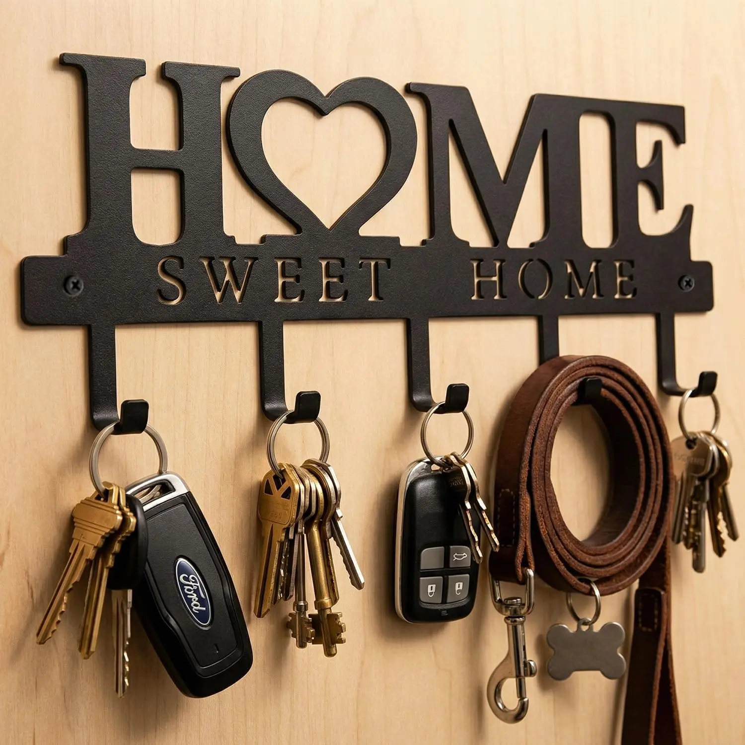 Entrance wall key rack with 5 hooks, metal wall-mounted design for holding keys, bags, and belts, decorative storage rack suitable for the entrance, storage room, or hallway, cozy home design, black