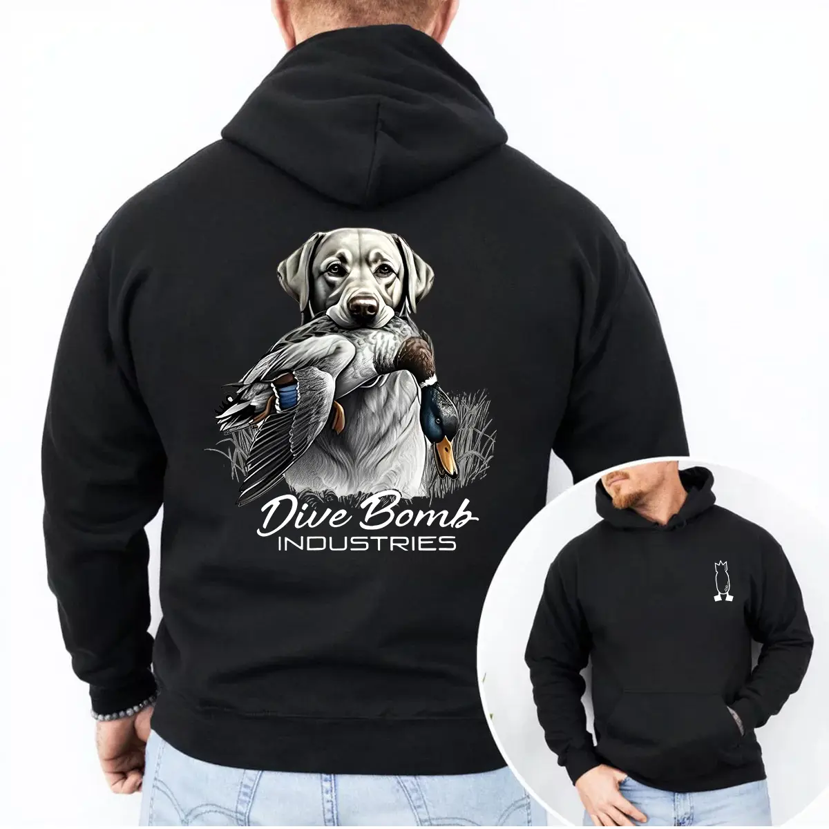 Dive Bomb Industries 2-Sides Hunting Hoodie - Vintage Labrador Retriever Duck Dog Print Beige Pullover Unisex Men's Cotton Unisex Heavy Blend Hooded Sweatshirt Perfect Outfit for Hunting Lovers Unisex