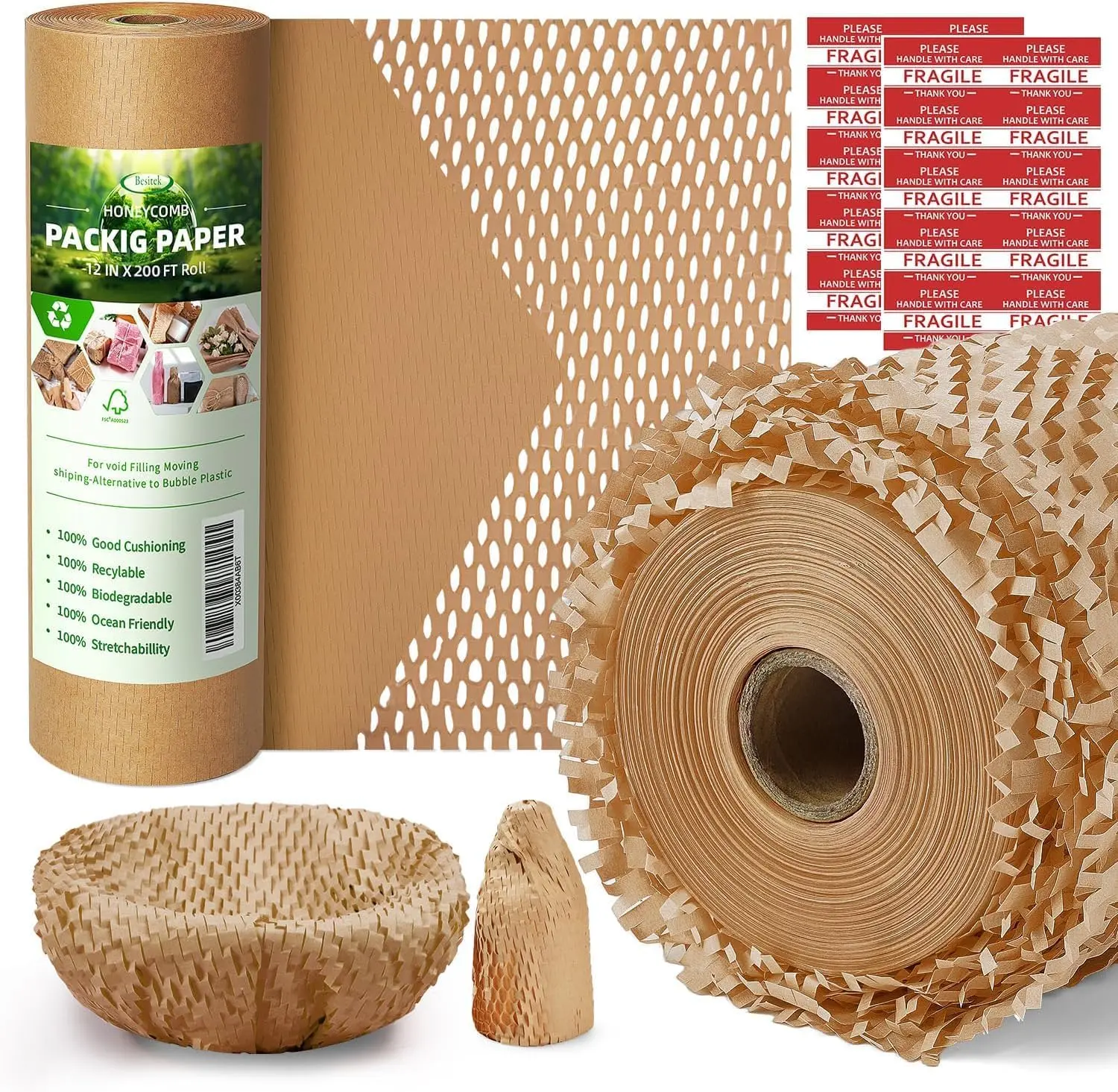 Honeycomb Packing Paper Roll, 12" x 200 ft Cushioning Wrap for Packing & Moving, Recyclable with 20 Fragile Stickers
