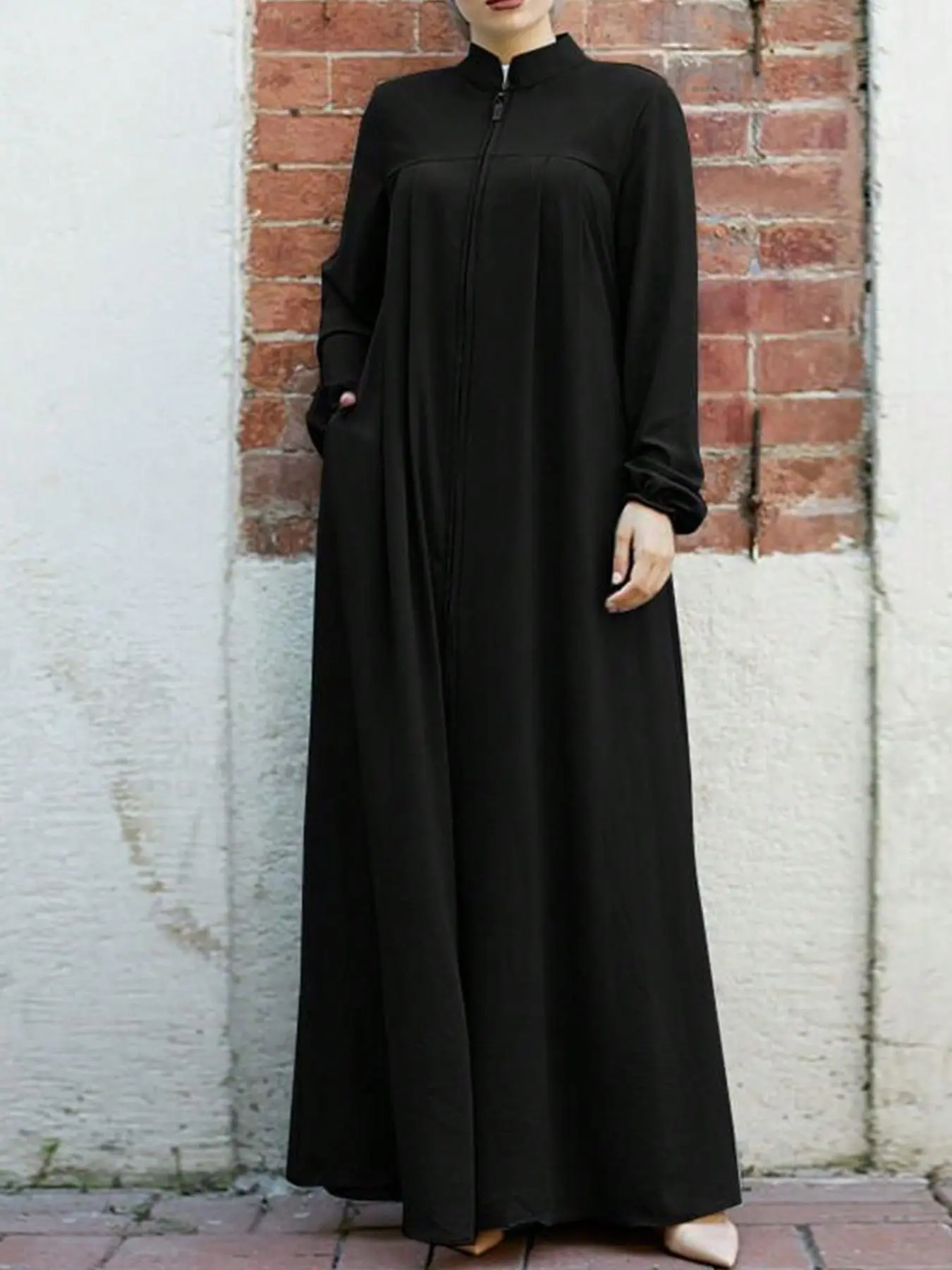 Women's Plain Pocket Zipper Arabian Dress, Casual Long Sleeve Stand Collar Maxi Dress for Daily Wear, Modesty Muslim Clothing for All Seasons, Islamic Modesty Clothes, Muslim Women Gowns, Solid Color Abaya, Modest Muslim Outfits