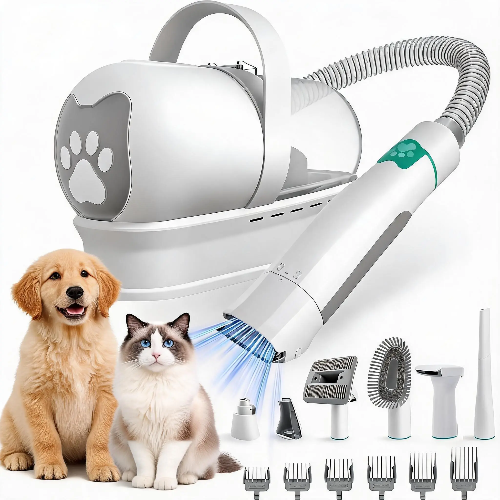 All-in-One Professional Pet Hair Vacuum Cleaner and Clipper Combo for Dogs Cats Shedding, 7-in-1 Heavy-Duty Grooming Appliance with 6 Safety Positioning Guard Combs