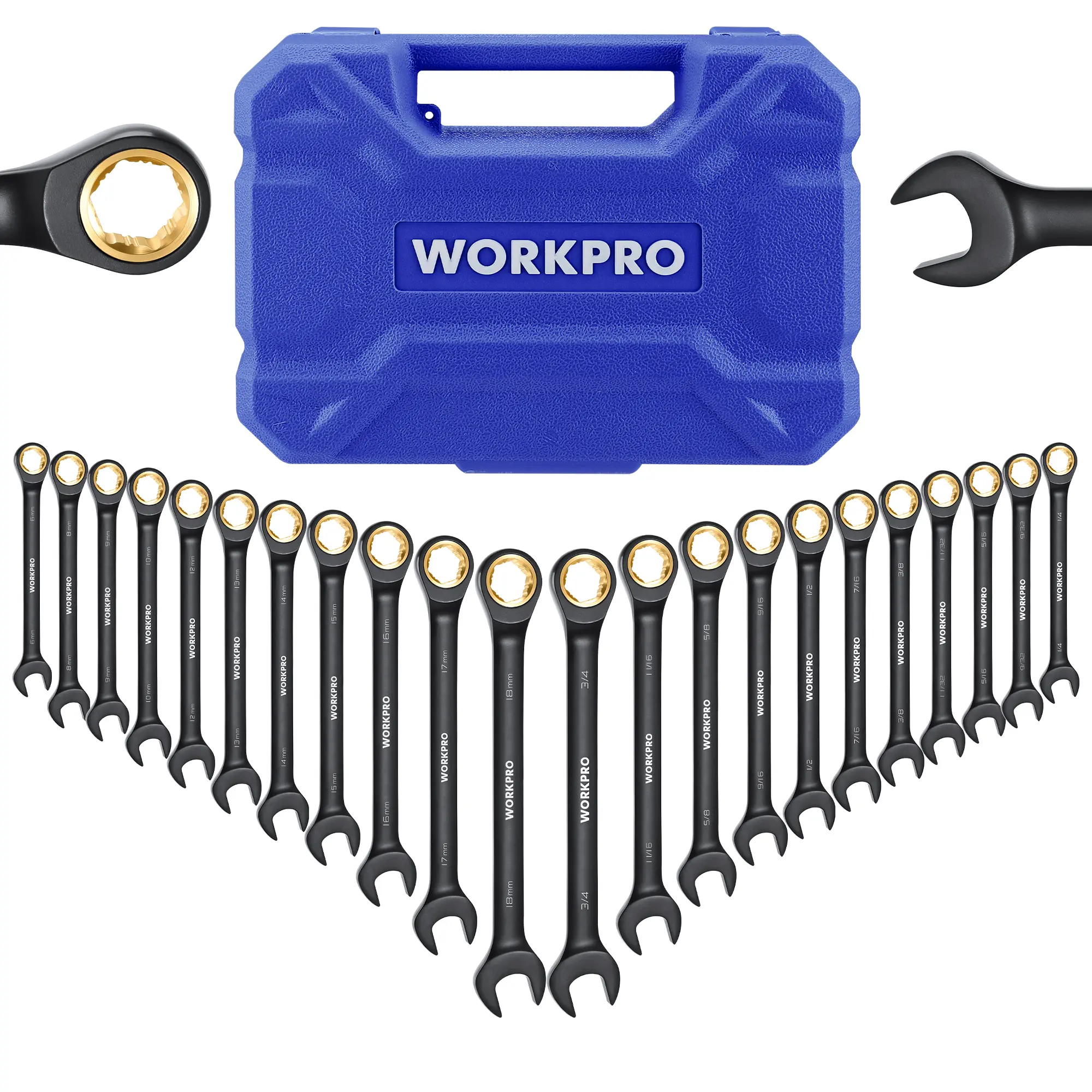 #toolupgrade WORKPRO 22-Count Ratcheting Wrench Set, Anti-slip Teeth, Ratchet Combination Wrench Sets with Organizer Box, Metric 6-18mm & SAE 1/4-3/4", Black Electrophoretic Coating