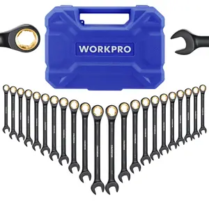 #Summervibes WORKPRO 22-Count Ratcheting Wrench Set, Anti-slip Teeth, Ratchet Combination Wrench Sets with Organizer Box, Metric 6-18mm & SAE 1/4-3/4", Black Electrophoretic Coating