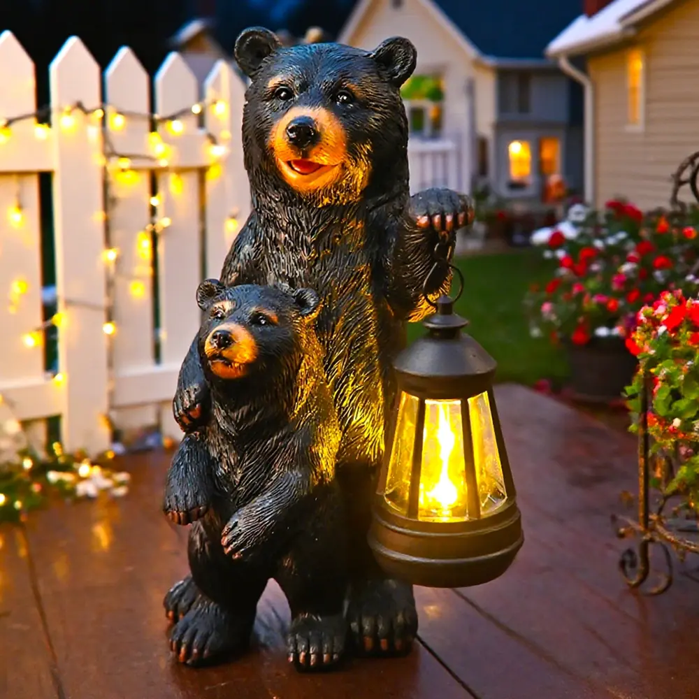 Solar Garden Statues, Light Up Statue, Loving Bear Figurine Solar Illuminated Lights for Outside, Mother and cub bear, Yard Decorations Outdoor, Garden Decor Birthday Housewarming Gifts for Mom, Women, Black