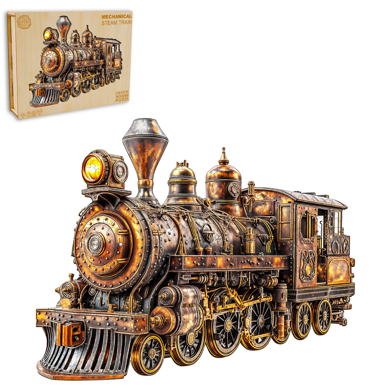 Mechanical Steam Train Wooden Jigsaw Puzzle for Adults and Kids Unique Shape Animal Wood Puzzles Challenging Puzzle, Family Game Creative Gifts，Laser-Cut Durable HDF Wood Puzzle Fun
