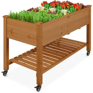 Best Choice Products Raised Garden Bed 48x23x32in Wood Mobile Elevated Planter w/ Wheel Locks, Shelf, Liner