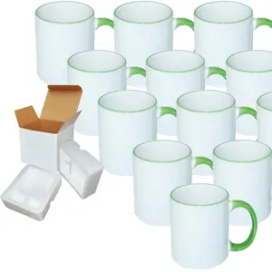 12-Pack of 11oz Light Green Rim & Handle Sublimation Mugs with Foam Support Mug Shipping Boxes
