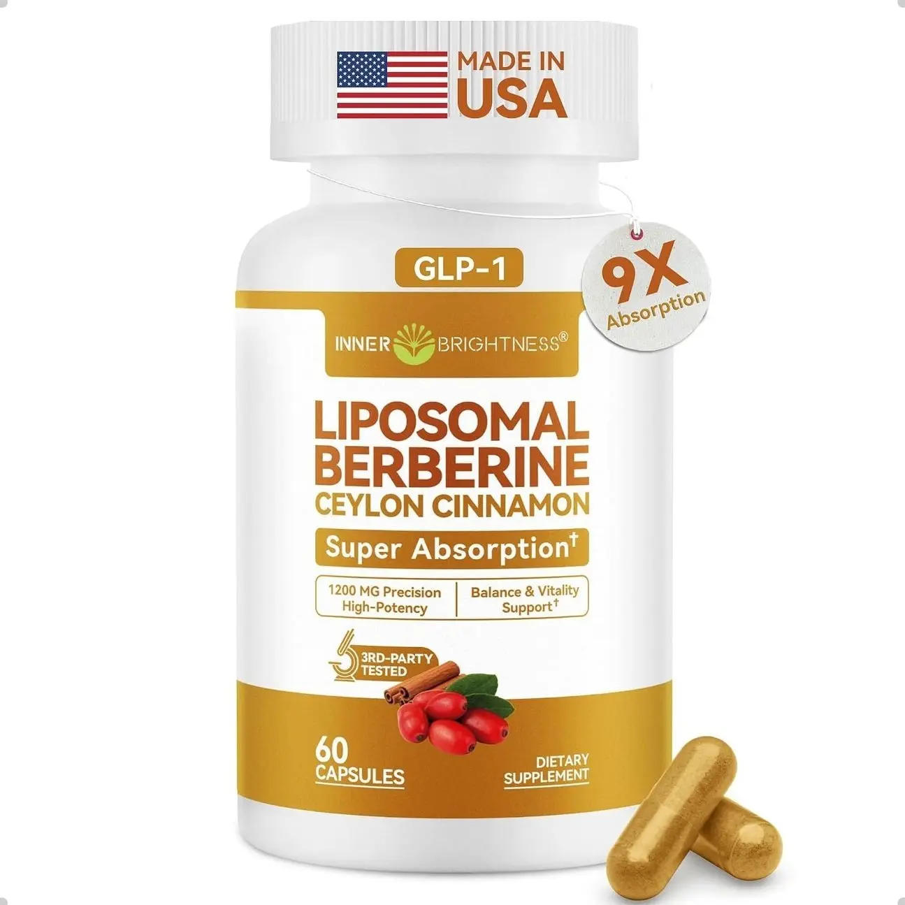 Liposomal Berberine with Ceylon Cinnamon 1200MG - GLP-1 Friendly, High-Absorption Berberine Supplement, Natural Body Balance Support - Non-GMO, 60 Veg Capsules, Made in USA, Lab Tested