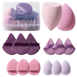Makeup Sponge Set Triangle Puff 14 Pcs for Liquid, Cream, and Powder, Multi-colored Makeup Sponges and Mini Sponge with Case (A-Purple)