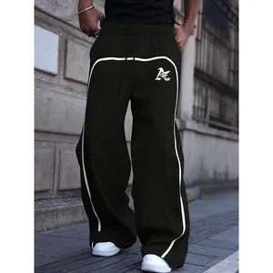 [Black Trendy Pants] Men's Black Trendy Basic Versatile Easy And Easy To Match Embroidered Design Autumn And Winter Wear Loose Wide-Leg Drape Heavy Casual Long Pants
