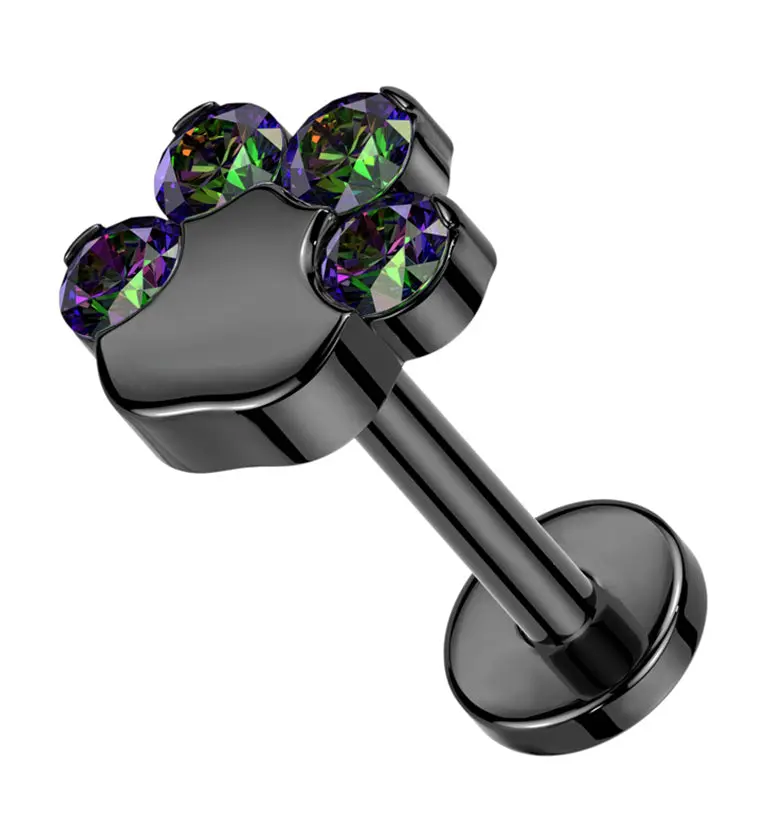 Black PVD Paw Print Black Aurora CZ Titanium Threadless Labret