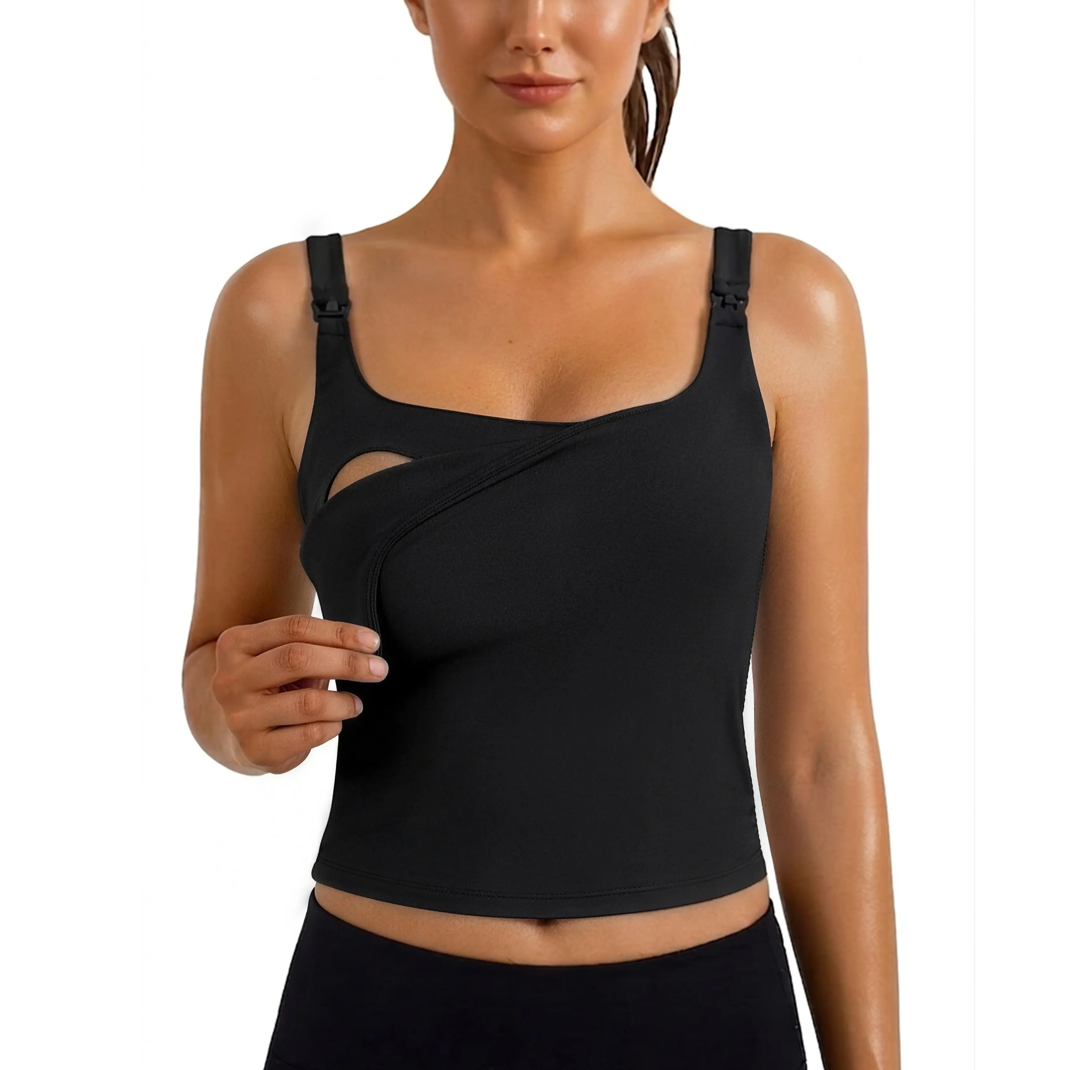 ECAVUS Women's Square Neck Workout Crop Tank Top with Built-in Bra, Soft Nursing Clothes, Nursing Apparel for Breastfeeding