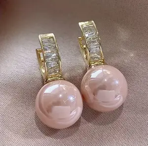 Pink Pearl Huggie Hoop Earrings for Women
