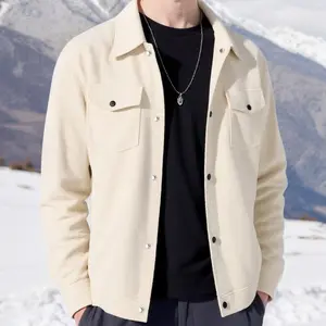 Men's Corduroy Work Jacket with Multi-Pocket Flap Design, Casual Long Sleeve Button Collar,Polyester Material Casual Long Sleeve Outerwear for Fall & Winter Men's Clothes for Daily Wear Winter Jacket Beige Menswear Tops Coats Plain Plain Classic jacket