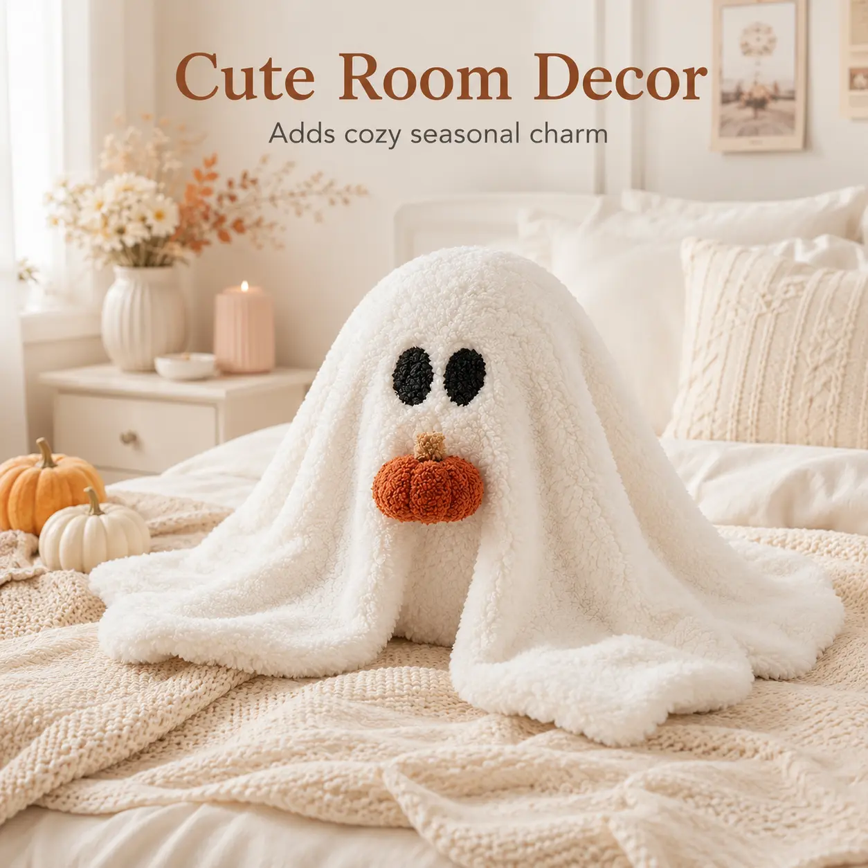 Cozy Ghost Pillow Plush Halloween Decoration, Soft White Sherpa Ghost Stuffed Pillow with Pumpkin, Fall Room Decor for Couch Bed Dorm, Cute Spooky Season Home Gift